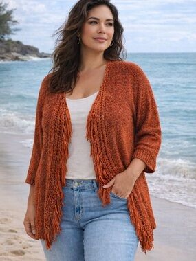 Ruby Rd Boho Fringe Cardigan Open Knit Marled Rust Orange Lightweight - XL